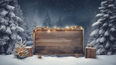 Wooden signboard in winter forest. Christmas background. Copy space.の素材