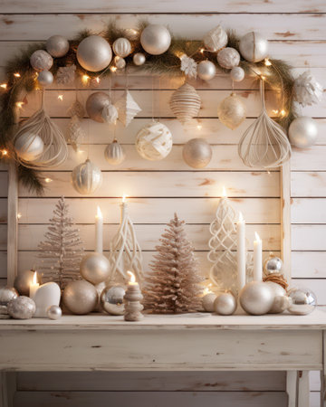 Christmas decoration with burning candles and baubles on white wooden backgroundの素材