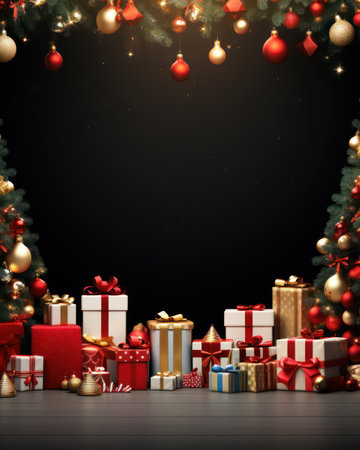 3D rendering Christmas background with ornaments and gifts over blackの素材