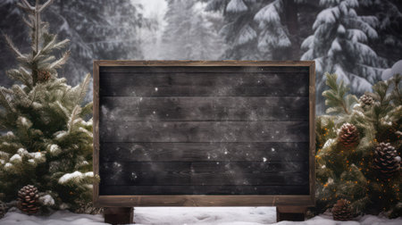 Wooden signboard in snowy forest. Christmas and New Year concept.の素材