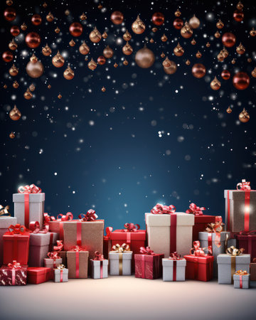 Christmas background with gift boxes and baubles. 3D illustration.の素材