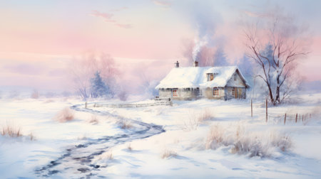Winter landscape with old wooden house in the snow. Digital painting.の素材