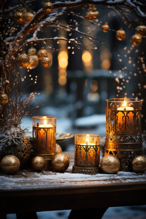 Burning candles on a wooden table in the winter forest. Christmas background.の素材