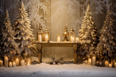 Christmas and New Year decoration with candles and fir tree on snow backgroundの素材