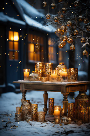 Beautiful Christmas decorations on the background of a snowy winter night.の素材