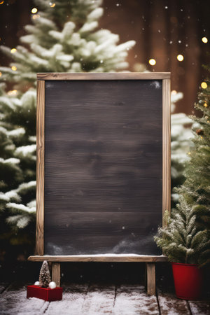 Blank blackboard with christmas tree and gift box on wooden backgroundの素材