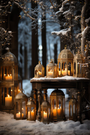 Lanterns on a wooden table in the winter forest.の素材