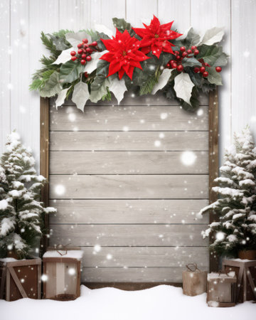Christmas decoration with poinsettia and snow over wooden background.の素材
