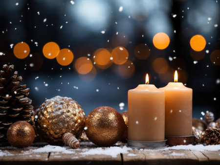 Candles and Christmas decoration on a wooden table in front of bokeh backgroundの素材
