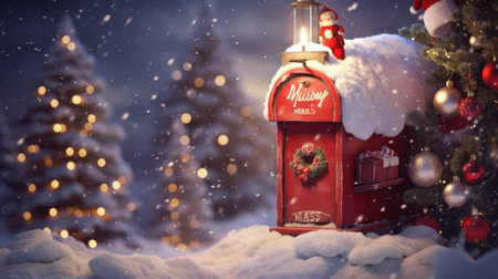 Christmas postbox in snowy forest. Red mailbox with christmas tree on background.の素材