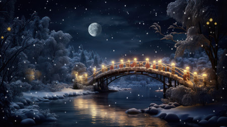 Fantasy winter landscape with bridge over the river at night. 3d renderingの素材