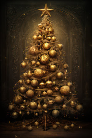 A festive Christmas tree decorated with sparkling gold ornaments and a star on top, creating a magical atmosphereの素材