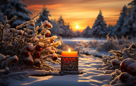 Burning candle in the snow against the backdrop of a beautiful sunsetの素材