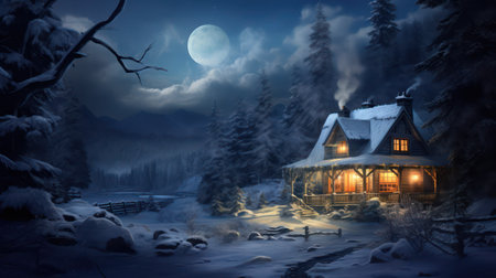 Beautiful wooden house in winter forest at night. 3D renderingの素材