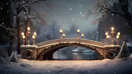 Winter landscape with a bridge and lanterns in the park. Christmas background.の素材