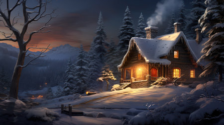 Beautiful winter landscape with a wooden house in the forest at nightの素材