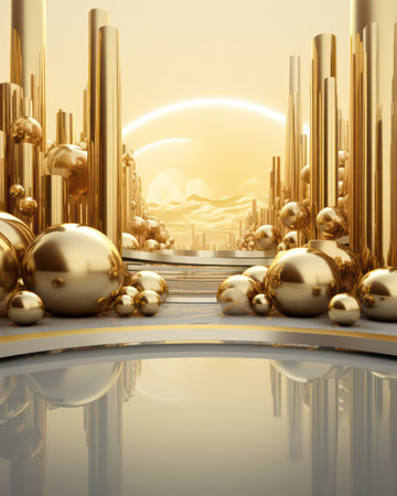 3d illustration of fantasy landscape with golden and white christmas balls.の素材
