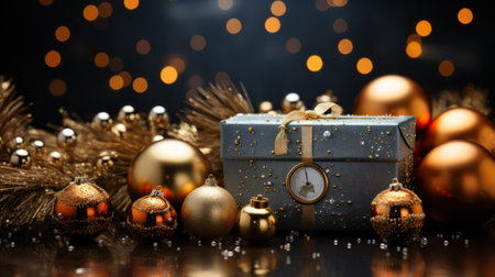 Christmas decoration with gift box and baubles on bokeh backgroundの素材