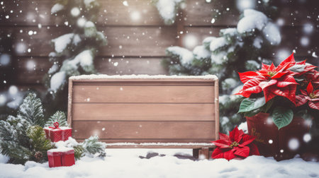 Christmas background with poinsettia flower and wooden sign in snow.の素材