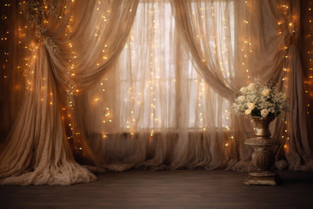 Vintage interior with golden curtains and a vase of flowers.の素材