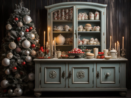 Vintage cabinet with Christmas cookies and candies in the living roomの素材