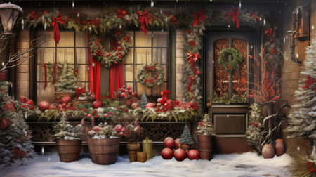 Christmas decoration in front of a wooden door with Christmas ornamentsの素材