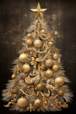 A festive Christmas tree decorated with sparkling gold ornaments and a star on top, creating a magical atmosphereの素材