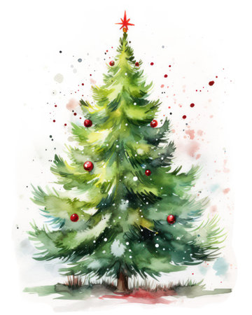 Watercolor Christmas tree isolated on white background. Hand drawn illustration.の素材