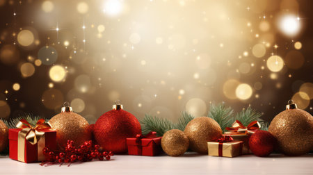 Christmas background with decorations and gift boxes on bokeh lights backgroundの素材