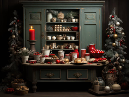 Vintage interior with christmas tree, gifts, candles and decorationsの素材