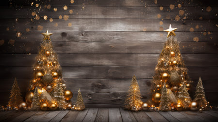 Christmas tree with golden ornaments in front of a wooden wallの素材