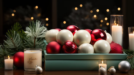 Christmas baubles and candles on wooden table in front of fireplaceの素材