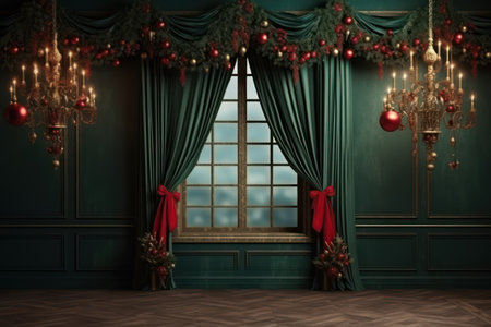 Classic green interior with window and Christmas decorations. 3D render.の素材