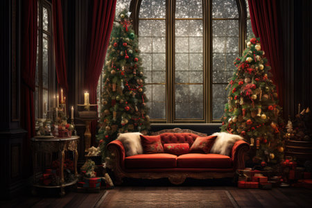 Christmas interior with fireplace, sofa and Christmas tree. 3d renderの素材