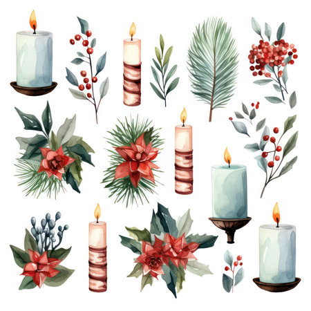 Christmas and New Year elements set with candles, poinsettia, holly berry, mistletoe, eucalyptus.の素材