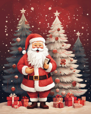 Santa Claus with gift boxes and christmas tree.の素材