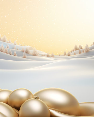 Christmas and New Year background with golden christmas balls in snowy mountainsの素材