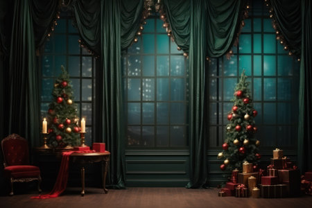 Christmas tree and gifts on the background of the window in the dark roomの素材