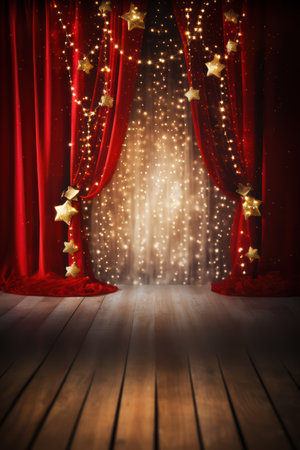 Movie or theater curtain with golden stars on wooden floor and spotlightsの素材