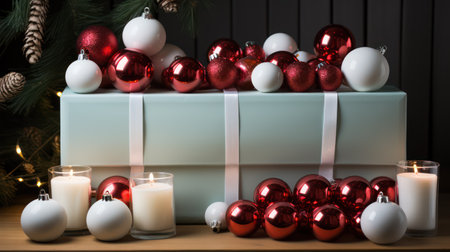 Christmas gift box with red and white balls and candles on wooden backgroundの素材