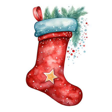 Watercolor Christmas sock with fir branches and star on white background.の素材