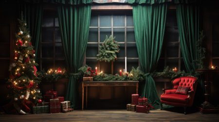 Christmas interior with fireplace, Christmas tree and presents. 3d renderの素材