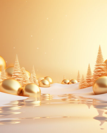 Christmas background with golden balls and fir trees. 3D illustration.の素材