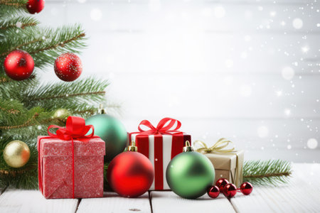 Christmas background with fir branches, red and green balls and gift boxes.の素材