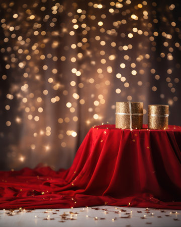 Festive table with champagne glasses on red cloth over bokeh backgroundの素材