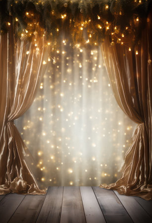 Luxury golden curtains with lights and wooden floor. Vintage background.の素材