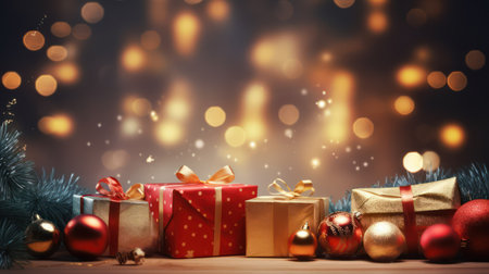Christmas background with gift boxes and decorations on bokeh lights backgroundの素材