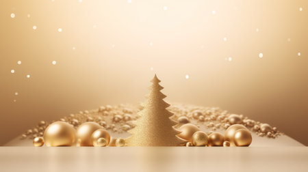 Christmas background with gold Christmas tree and golden balls. 3D illustration.の素材
