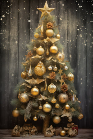 A festive Christmas tree decorated with sparkling gold ornaments and a star on top, creating a magical atmosphereの素材