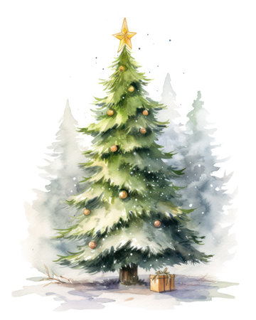 Christmas tree with a golden star. Watercolor illustration isolated on white backgroundの素材
